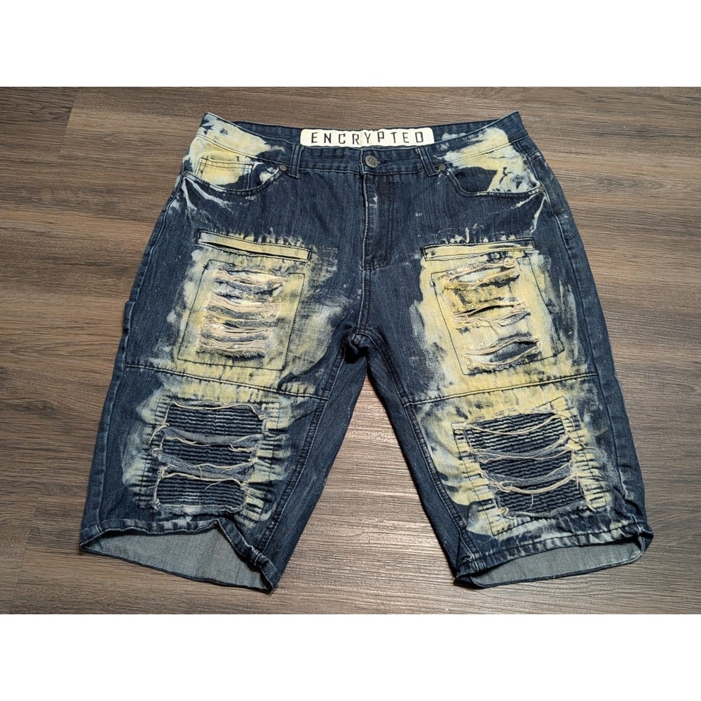 Encrypted Mensβ 38 Distressed Moto Denim Jorts Blue Yellow Acid Wash Bleached